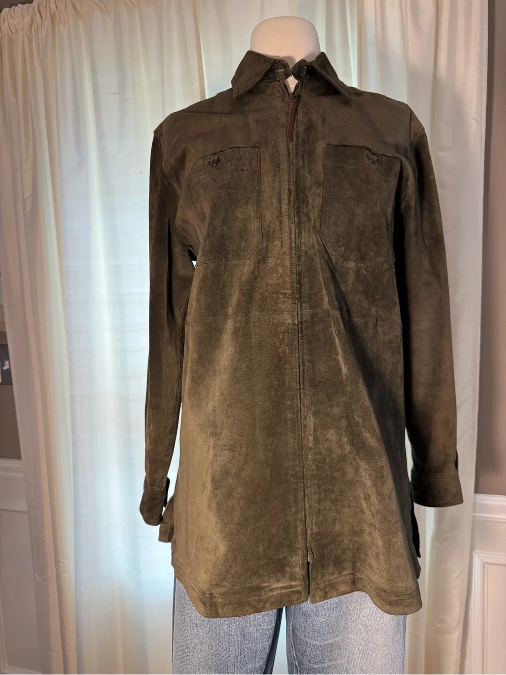 Vintage Ralph Lauren Olive Suede Zip-Front Utility Jacket/Shirt - Picture 2 of 11